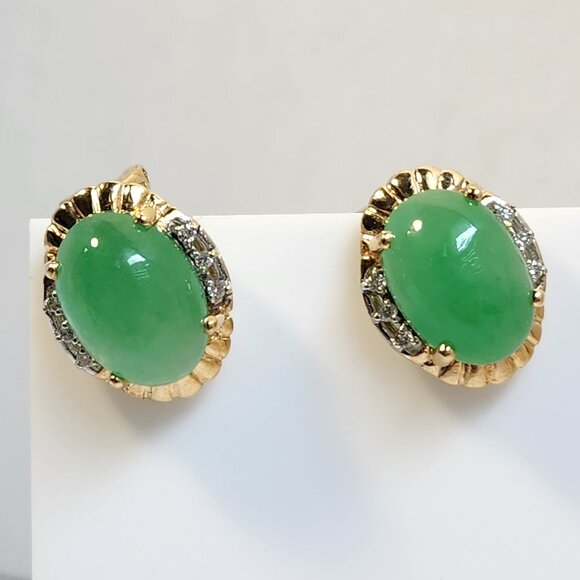 Estate Jewelry - Estate 80s 9.29g 18K Gold Genuine Jade & Diamond Omega Back Stud Earrings